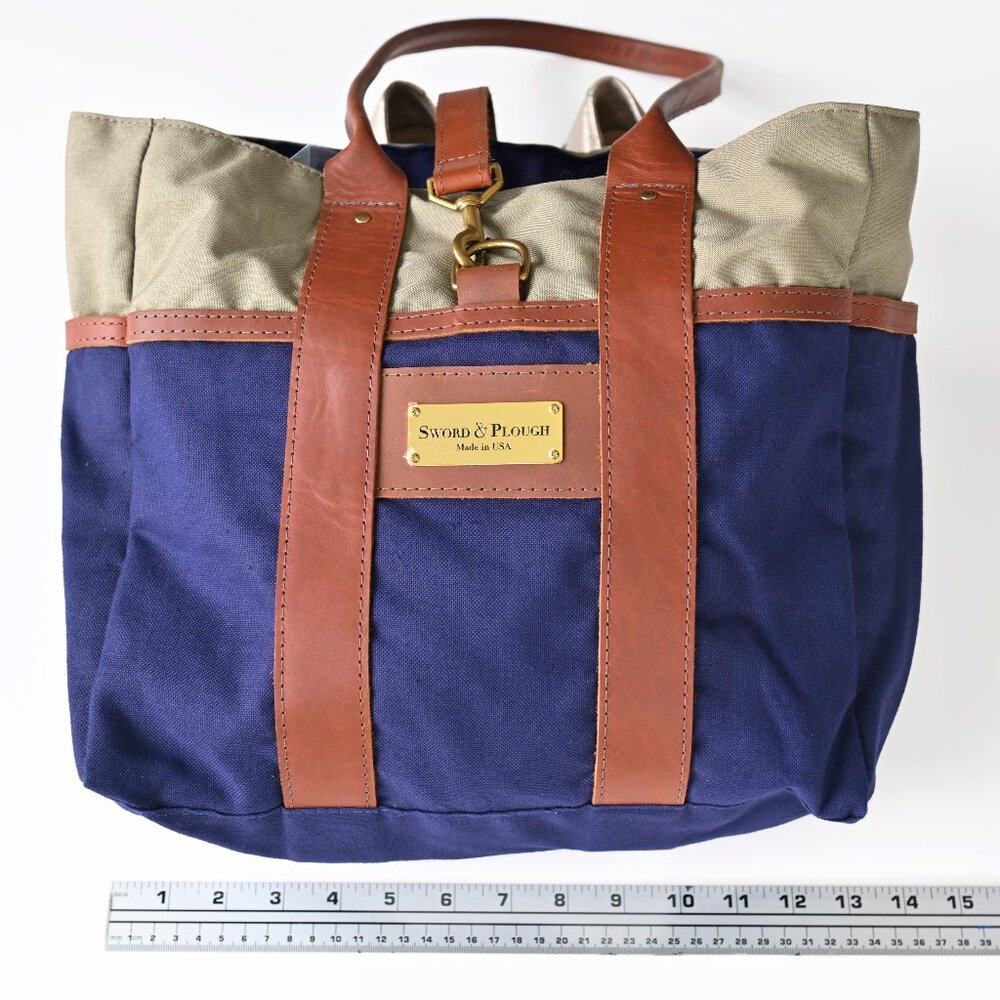 Sword & Plough Signature Tote Bag Blue and Tan w/Leather Made In USA-Like New - Picture 7 of 16